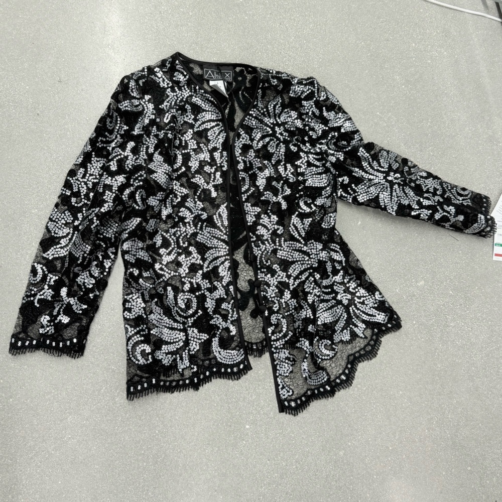 Alex Evenings Black and Silver Sequin Lace Skirt